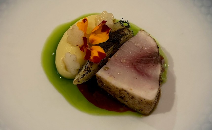 20 Day Dry aged Swordfish Belly with potato puree on a white plate.