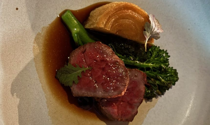 Wagyu, potato dauphinoise and broccolini at Le Salle by Bar Chaplin, one of Sydney's best restaurants.
